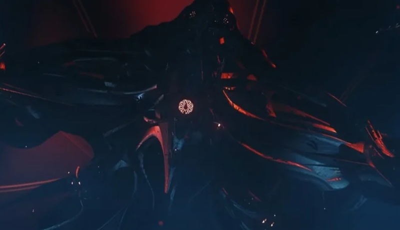 Image: A giant red eye shines forth from a Vanduul capital ship.